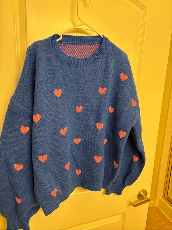 SHEIN Sweaters - SHEIN Blue Crewneck Sweater with Pink Heart Accents